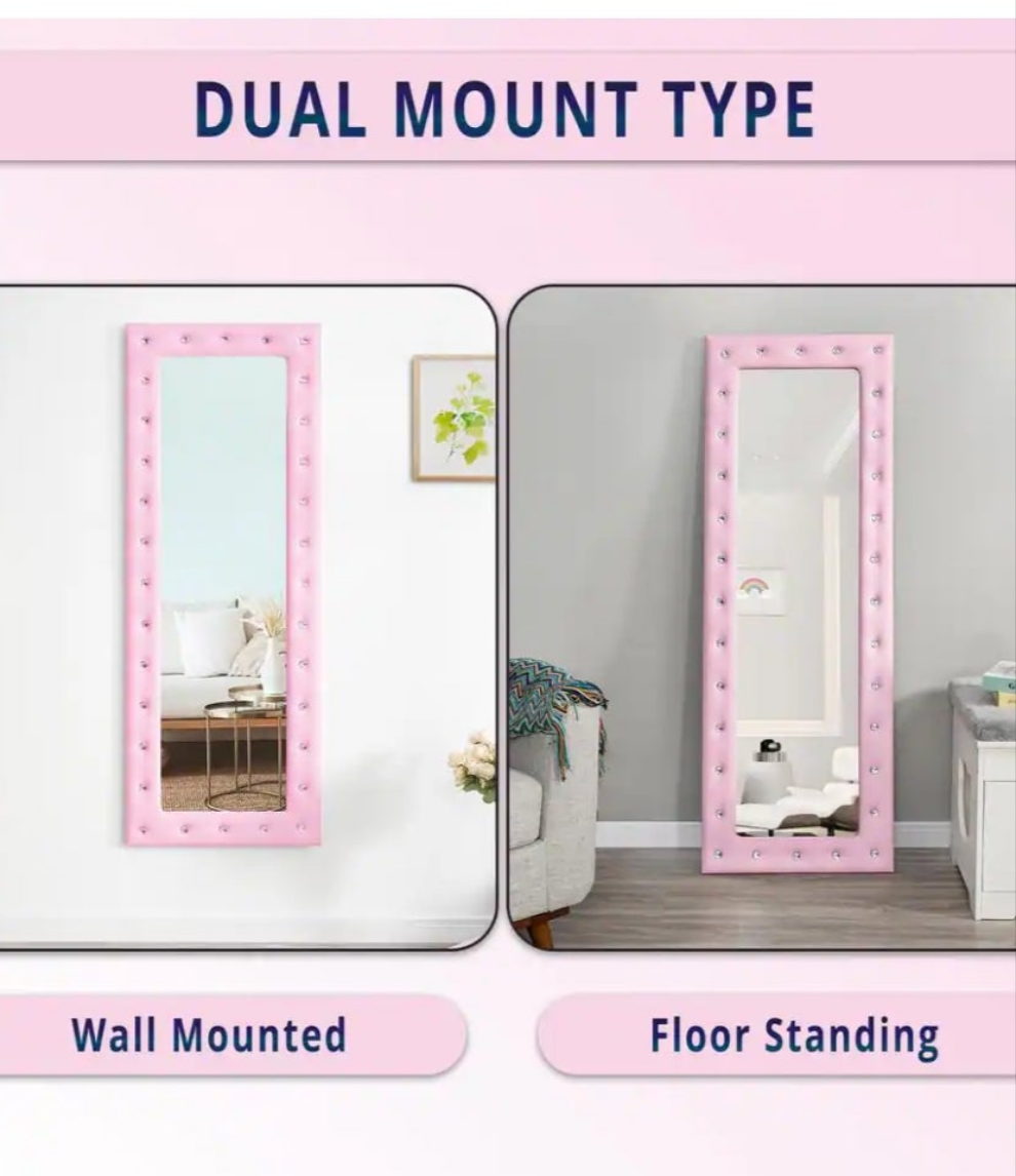 My 22 in. W x 63 in. H Modern Crystal Tufted Rectangle Framed Pink Leaning Mirror in beige as well