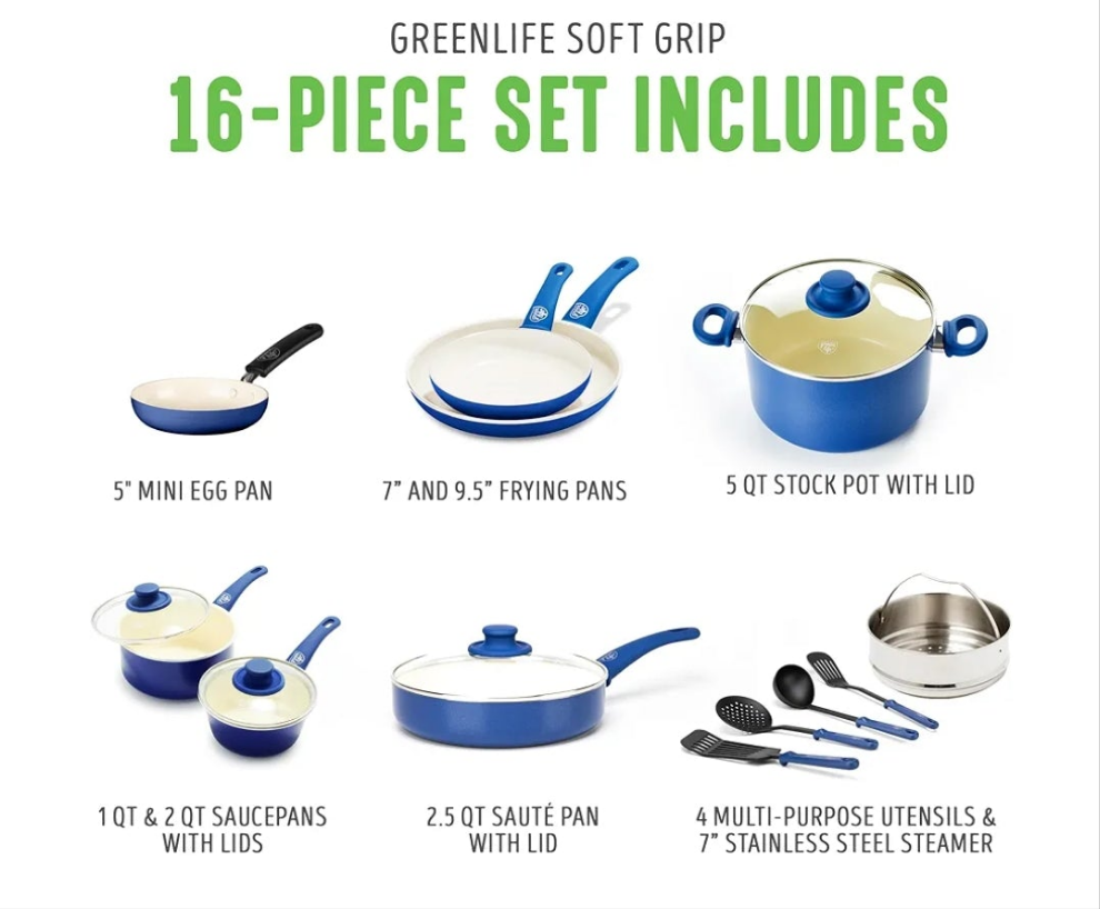 16 Piece Cookware Set, Non-Toxic PFAS-Free Ceramic Nonstick, Frying, Sauce, Saute, Utensils, Glass Lids, Stay-Cool Handles, Wobble Free, Dishwasher & Oven Safe,