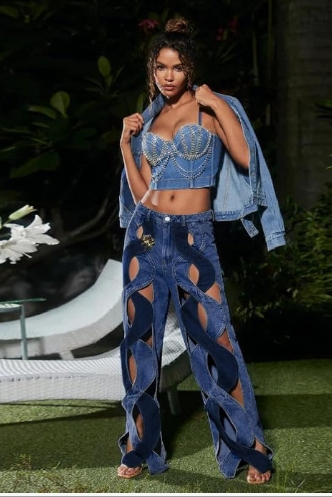 Chic Metal Hollow Out Cable Twist Back Heart Flare Bell Bottom Denim Jeans Pants