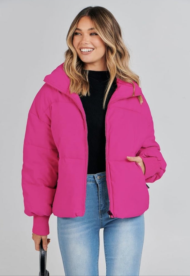 Long Sleeve Zip Puffer Jacket Pockets Baggy Short Coats