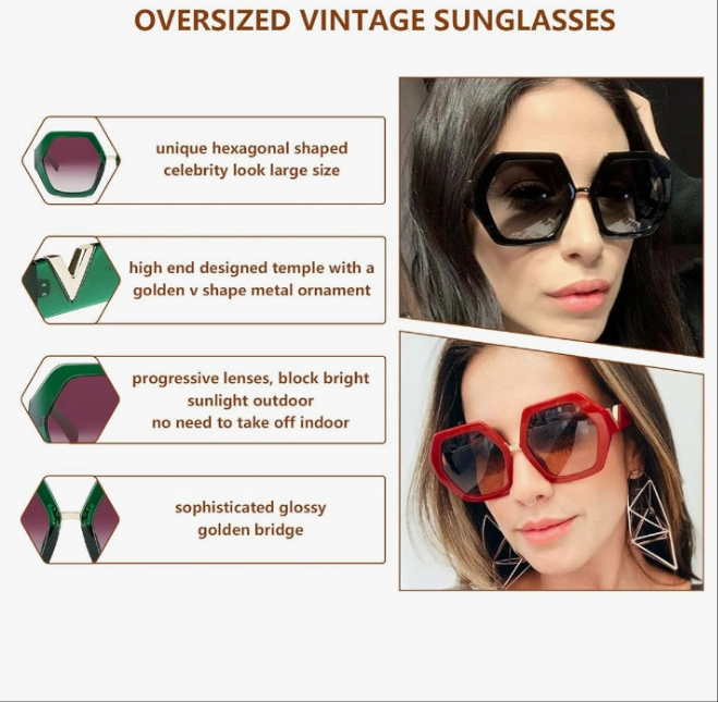 Trendy Extra Large Womens Sunglasses Retro Hexagonal Thick Frame Vintage Oversized Glasses