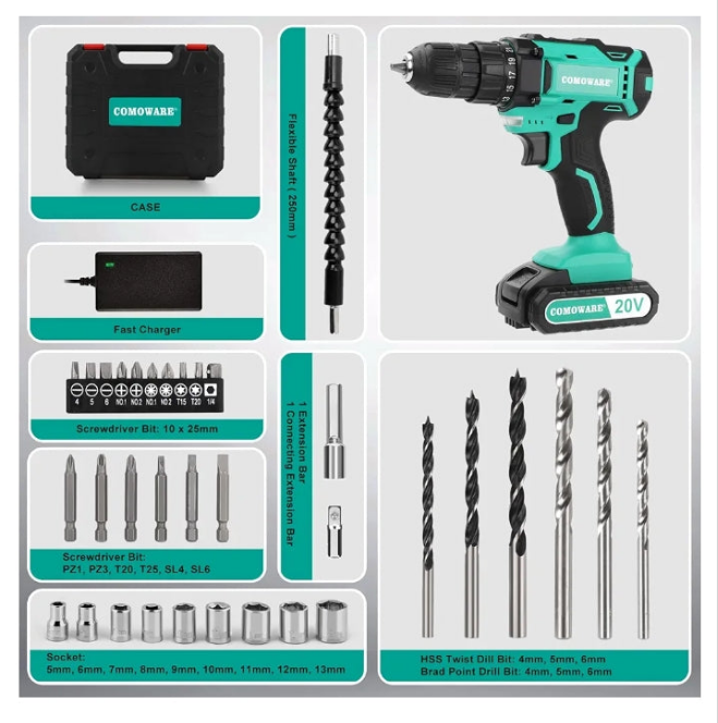 COMOWARE 20V Cordless Drill, Electric Power Drill Set with 1 Battery & Charger, 3/8” Keyless Chuck, 2 Variable Speed, 266 In-lb Torque, 25+1 Position and 34pcs Drill/Driver