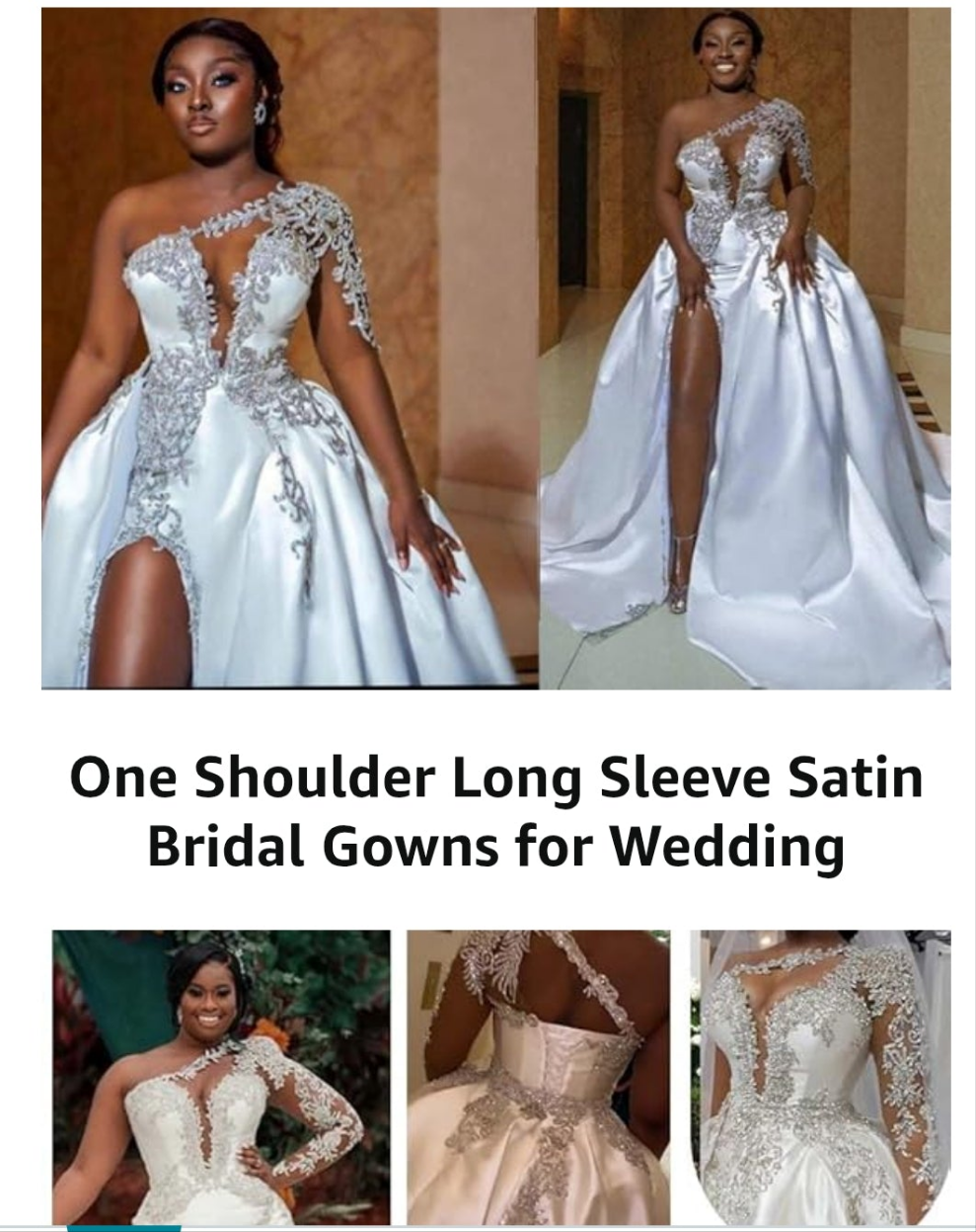 One Shoulder Satin Wedding Dresses Long Sleeve Mermaid Crystals Beaded Bridal Wedding Gowns with Slit