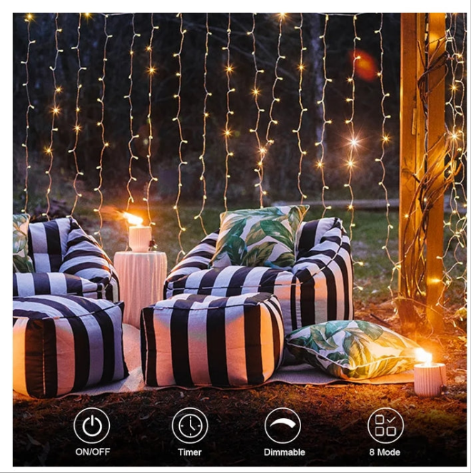 300 LED Curtain Lights Battery Operated, 9.8ft×9.8ft Hanging Lights with Remote Timer Fairy Curtain Lights for Bedroom Patio Wedding Backdrop Party Decór (Warm White)