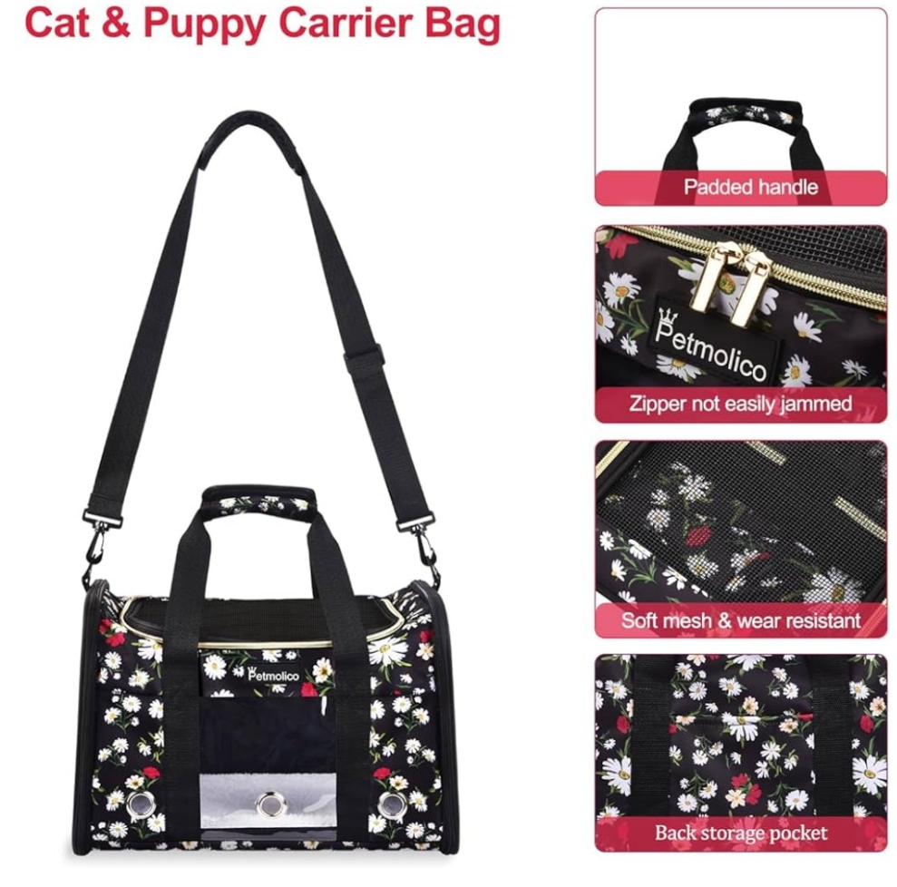 Cat Carrier Dog Carrier, Airline Approved Soft Pet Travel Carrier with 3 Open Doors Mesh Windows for Cats Puppy 16 lbs, White Daisy Medium