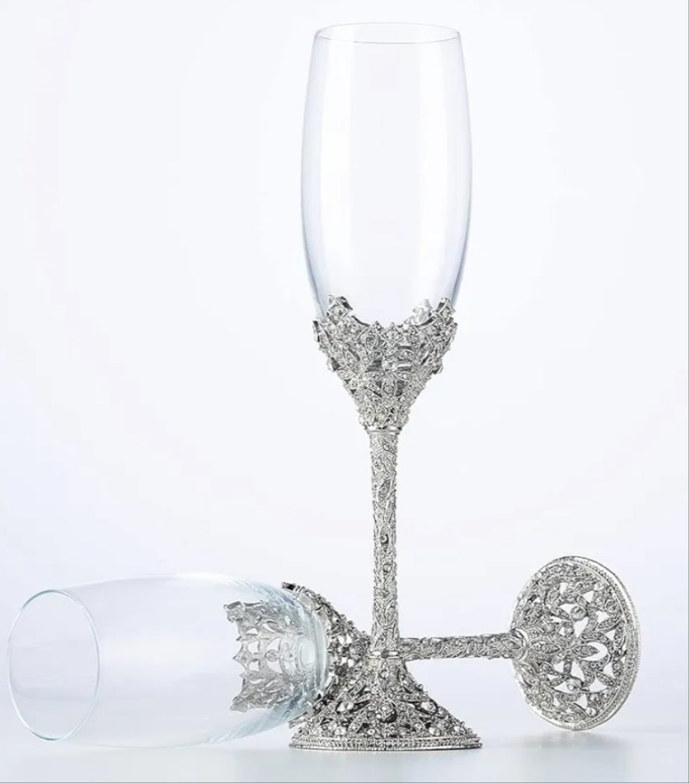 Crystal Glass Champagne Flutes Gold, Set of 2, 7oz GOLD PLATED
Gift, Metal Base, With Crystal Stones, Toasting Flute Pair, Wedding Anniversary Party Birthday Banquets, Gifts for Bride and Groom