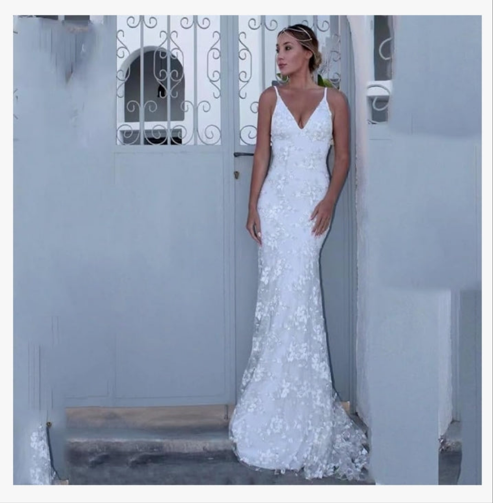 Applique Wedding Dresses for Bride Spaghetti Straps Mermaid V Neck Open Back Bodycon Long Bridal Gown