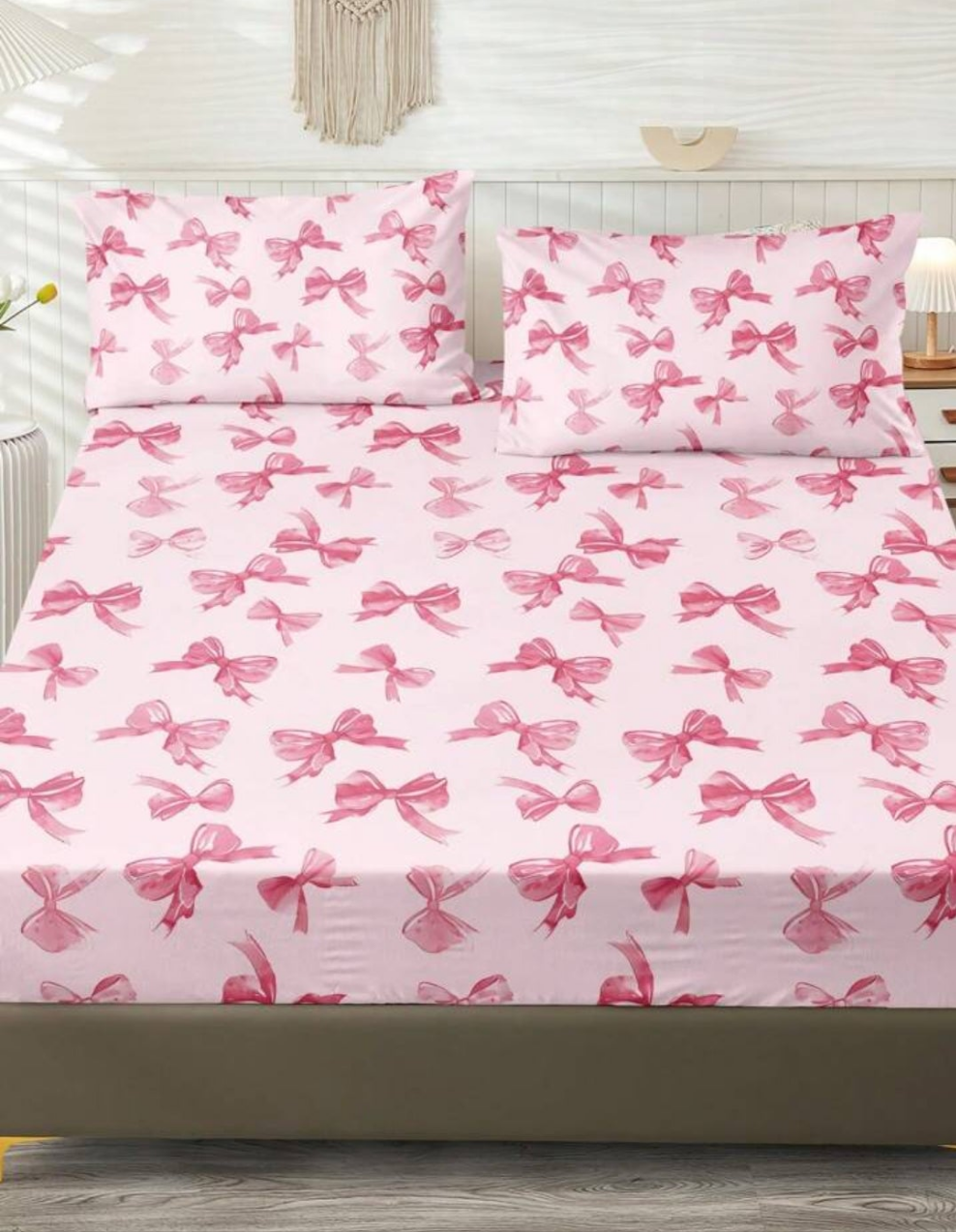 3pcs Watercolor Pink Bow Girly Cute Digital Print Bedding Set (1 Bedsheet + 2 Pillowcases, No Comforter), Daily Use Polyester Fiber Soft & Skin-Friendly, Suitable For Master/Guest/Kids Bedroom, All Seasons