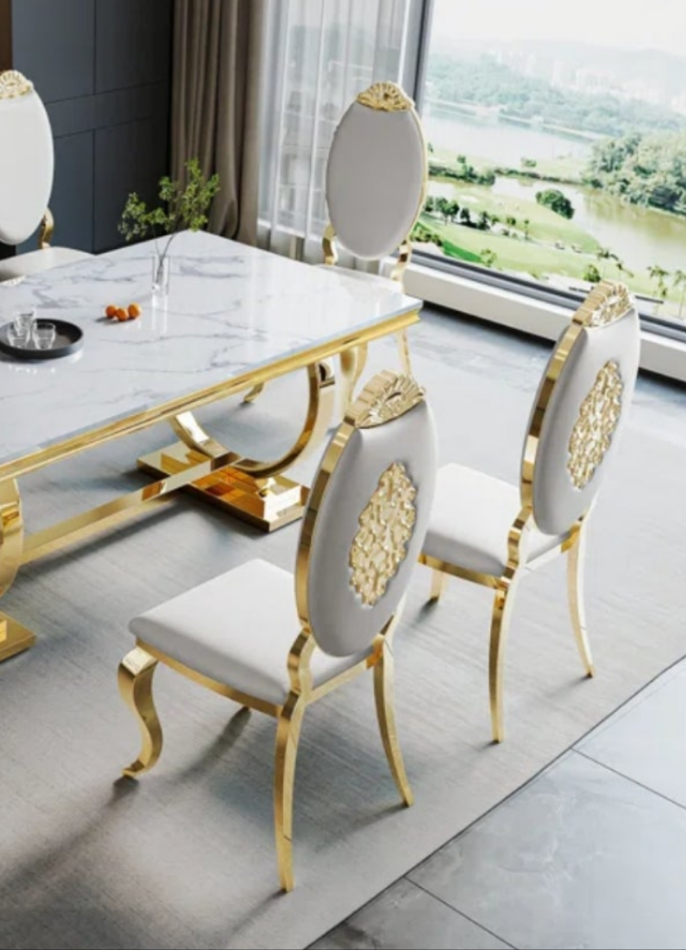 7 - Piece Pedestal Dining Set Faux Marble and Stainless Steel Fancy