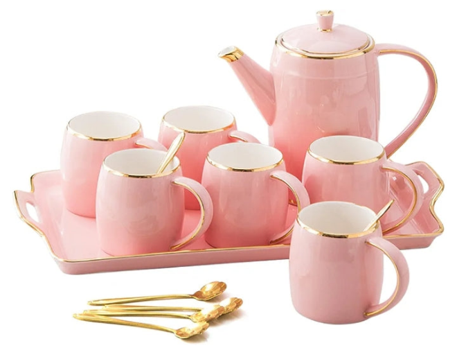 Tea Set, Porcelain Tea Set Coffee Cups Teapots Ceramics Teaset Coffee Tea Sets, 1150Ml Coffee Pot, Pink Tea Service of 6 Cups for 300Ml