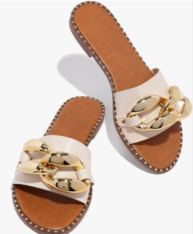 Women's Flat Heels Open Toe Backless Slippers Metallic Chains Slip On Summer Indoor Outdoor Slide Sandals.