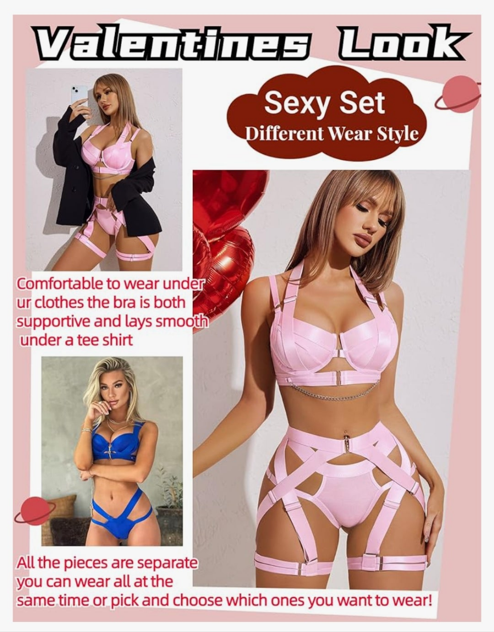 Lingerie Set for Women Sexy Strappy Lingerie Underwire Push Up Bra Garter Set Lingerie with Chain