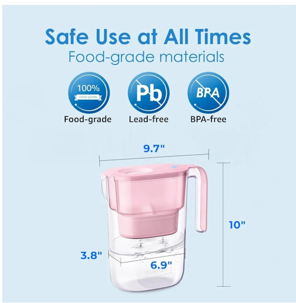 Water Filter Pitcher with 1 Filter, 5X Times Lifetime, Lasts 200 Gallons, for Fridge, Countertop and Gift, Reduces PFOA/PFOS, Chlorine, 7-Cup Capacity, Elfin,