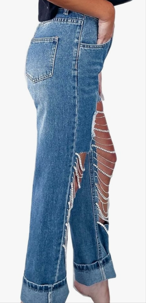 Sexy Ripped Distressed Destroyed Rhinestones Chain Party Clubwear Denim Pants Jeans