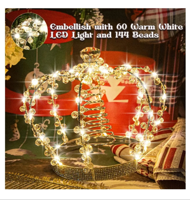 Jeweled Crown with 60 Warm White LED USB Lighted Tree Topper, Xmas Tree Decor with Remote Control 8 Lighting Mode, Timer,(Silver)
