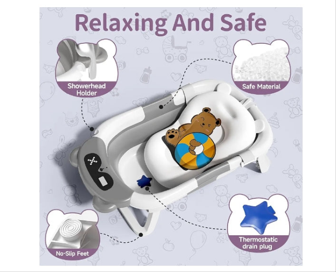 Baby Bathtub for Newborn to Toddler,Collapsible Baby Bath Tub with Thermometer & Soft Cushion,Foldable Baby Tub for Infants 0-24 Months,Grey