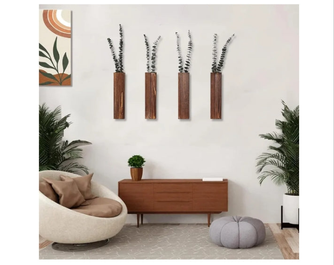Wood Wall Planters Modern Decor for Livingroom Bedroom Bathroom Contemporary Wooden Wall Planter Versatile Wood Home Decor for Dried Flowers and Faux Greenery Plants (4 Pack,Brown)
