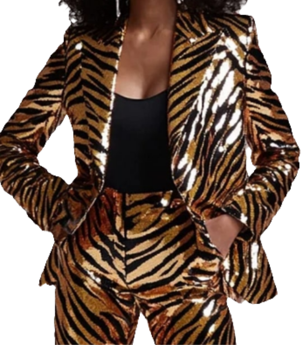COCOMONEY Tiger Pattern Sequined Blazer Two Piece Pants Set-Gold