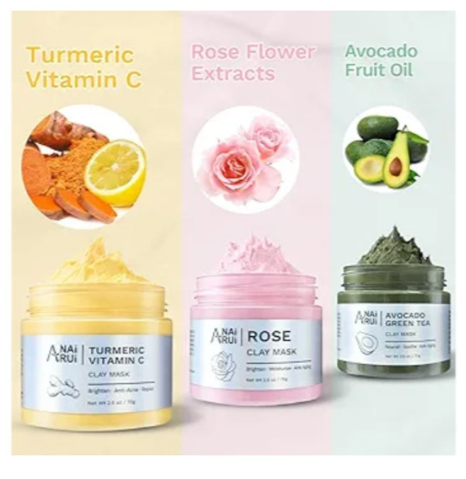 Turmeric Vitamin C Clay Mask -Rose Facial Mask -Avocado Green Tea Mud Mask,Facial Mask Skincare for Deep Cleansing,Purify Pores, SPA Mask Set, Facial Mask Set Gifts Set 2.5 oz each