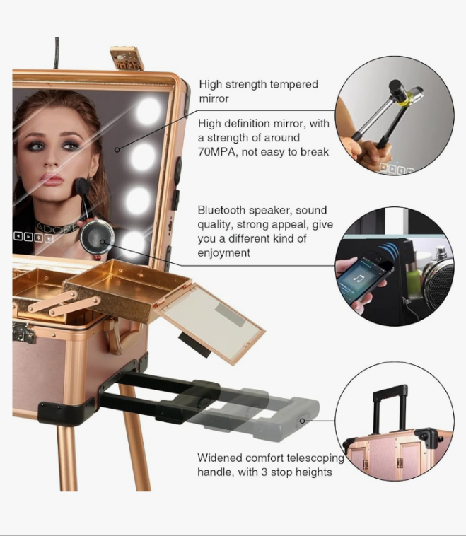 Rolling Makeup Train Case with Mirror and Lights Cosmetic Travel Box Mobile Barber Stations with Bluetooth, Speaker, Wheels, Stands