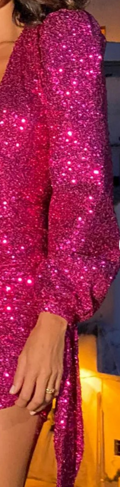 COCOMONEY Ruched Puff Sleeve Straps Sequin Dress-Hot Pink