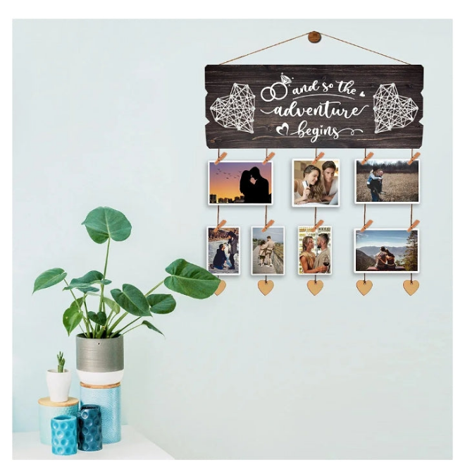 Wedding Engagement Gifts for Women Bride to Be - Couples Wall Picture Hanging Collage Board with Clips and Twine 15.8x6.0 Inches