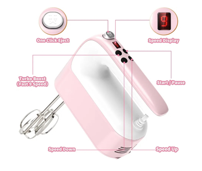 9-Speed Digital Hand Mixer Electric, 400W Powerful DC Motor, Baking Mixer Handheld with Snap-On Storage Case, 5 Stainless Steel Accessories, Flat Beaters, Dough Hooks, Whisk