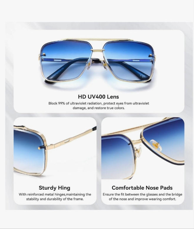 Square Aviator Sunglasses for Men and Women Fashion Metal Vintage Gradient Shades Sunglasses UV400 Protection