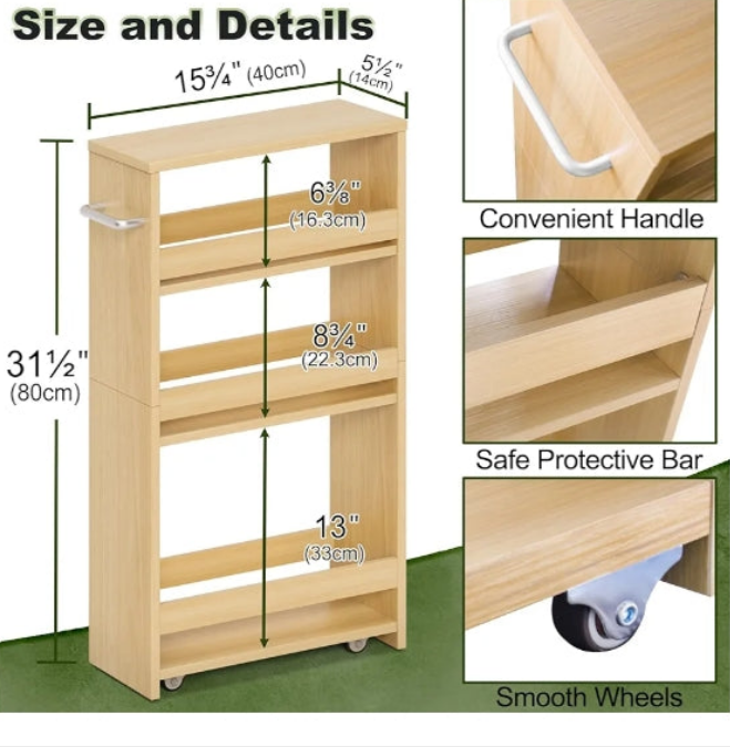 4-Tier Rolling Storage Cart, Narrow Kitchen Cart with Wheels, Slim Storage Cart with Handle Slide Out Utility Cart Mobile Shelving Unit Laundry Bathroom Organizer