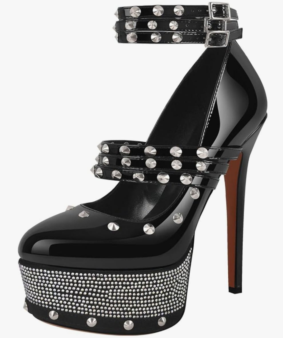 Close Toe Stiletto Platform Mary Jane Pumps for Women Triple Buckle up Rivet Studded Strappy Party Shoes