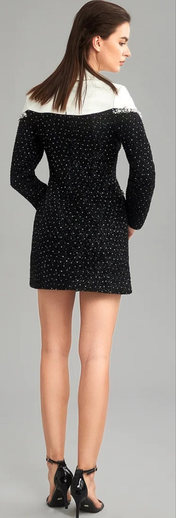 COCOMONEY Shirt Collar Sequin Pearl Decor Mini Dress-Black
