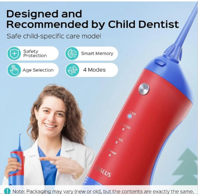 Kids Water Dental Flosser Deep Cleaning Picks, Portable , 4 Modes for Ages 6+ Safe Waterproof Newest Flosser Rechargeable with 4 Jet Tips for Gums Care F5023