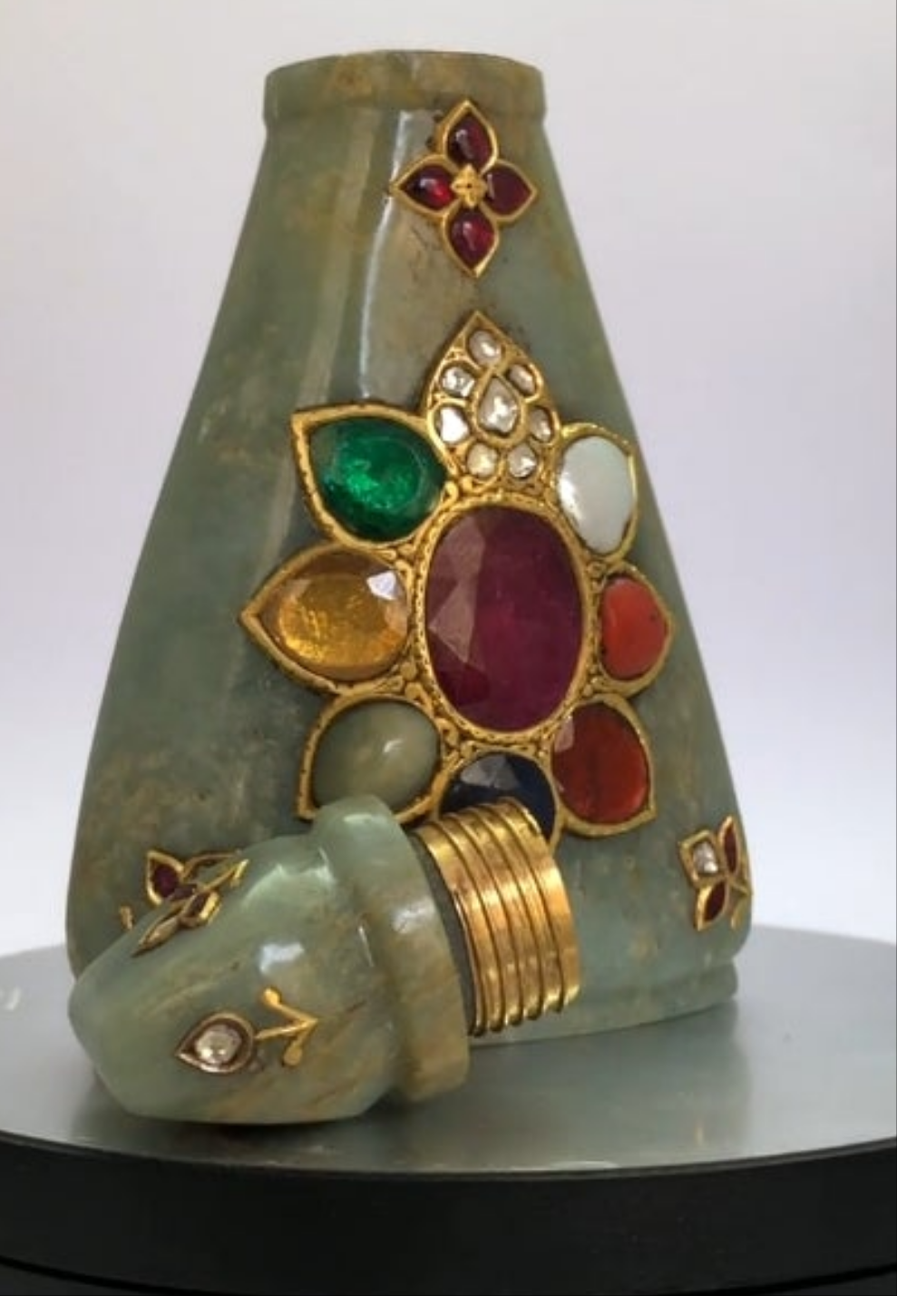 24k Gold Mughal Jadeite Jade Whiskey Flask Encrusted with Nine Gemstones Coral,Diamond,Jade,Blue Sapphire,Yellow Sapphire