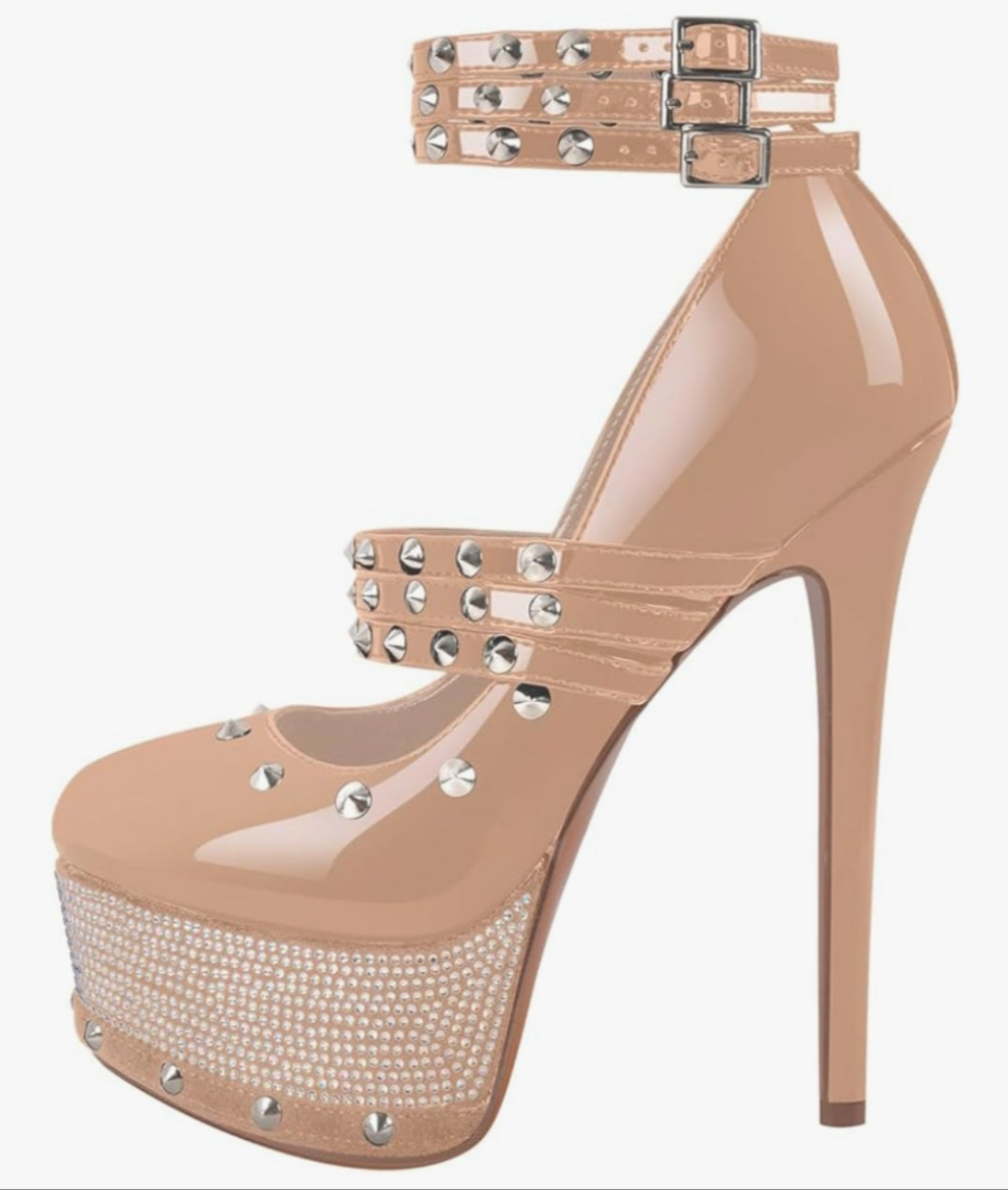 Close Toe Stiletto Platform Mary Jane Pumps for Women Triple Buckle up Rivet Studded Strappy Party Shoes