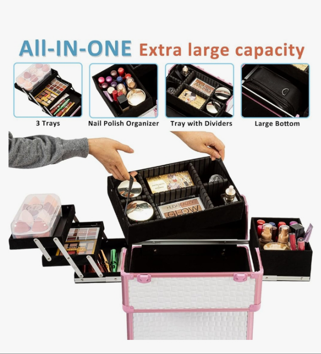 Rolling Makeup Train Case, Large Storage Cosmetic Trolley 4 Tray with 360° Swivel Wheels Keys, Large Storage Traveling Cart Trunk, Cosmetic Train Cases for Nail Technicians Hairstylist,