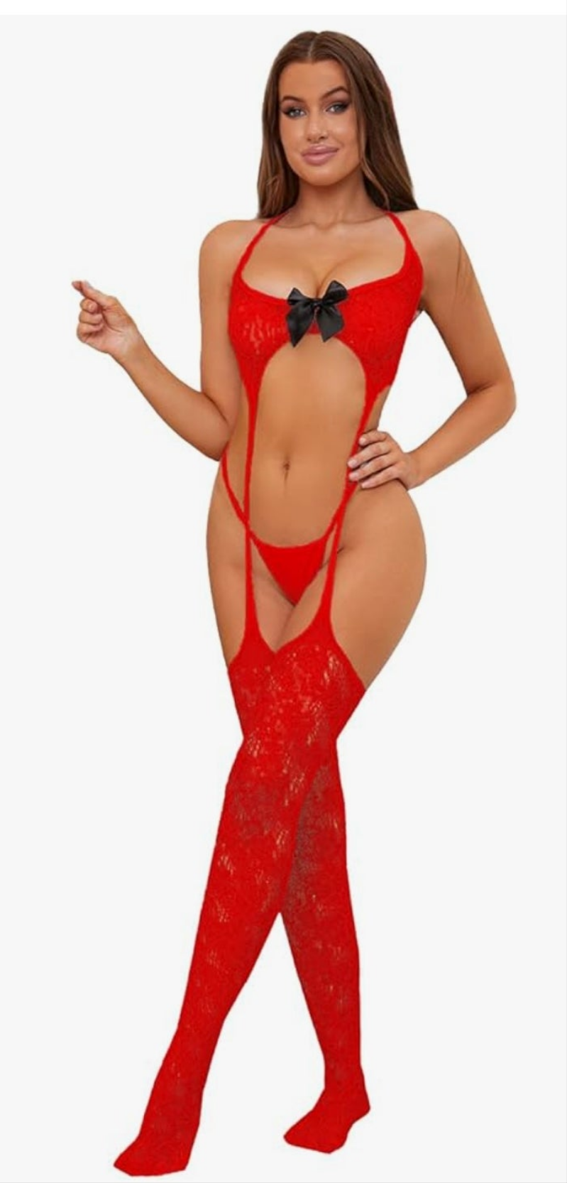 Women's Sexy Lingerie 3 Piece Lingerie Set with Garter Belt Stockings and Panty, Lace Crotchless Teddy Bodysuit One Size