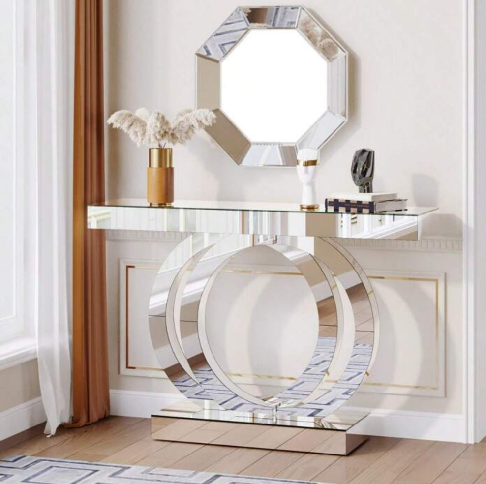 Mirrored Console Table, 43.3-Inch Modern Entryway Table Glass Sofa Table With Mirror Finish For Living Room, Entrance, Hallway, Foyer. Material mdf