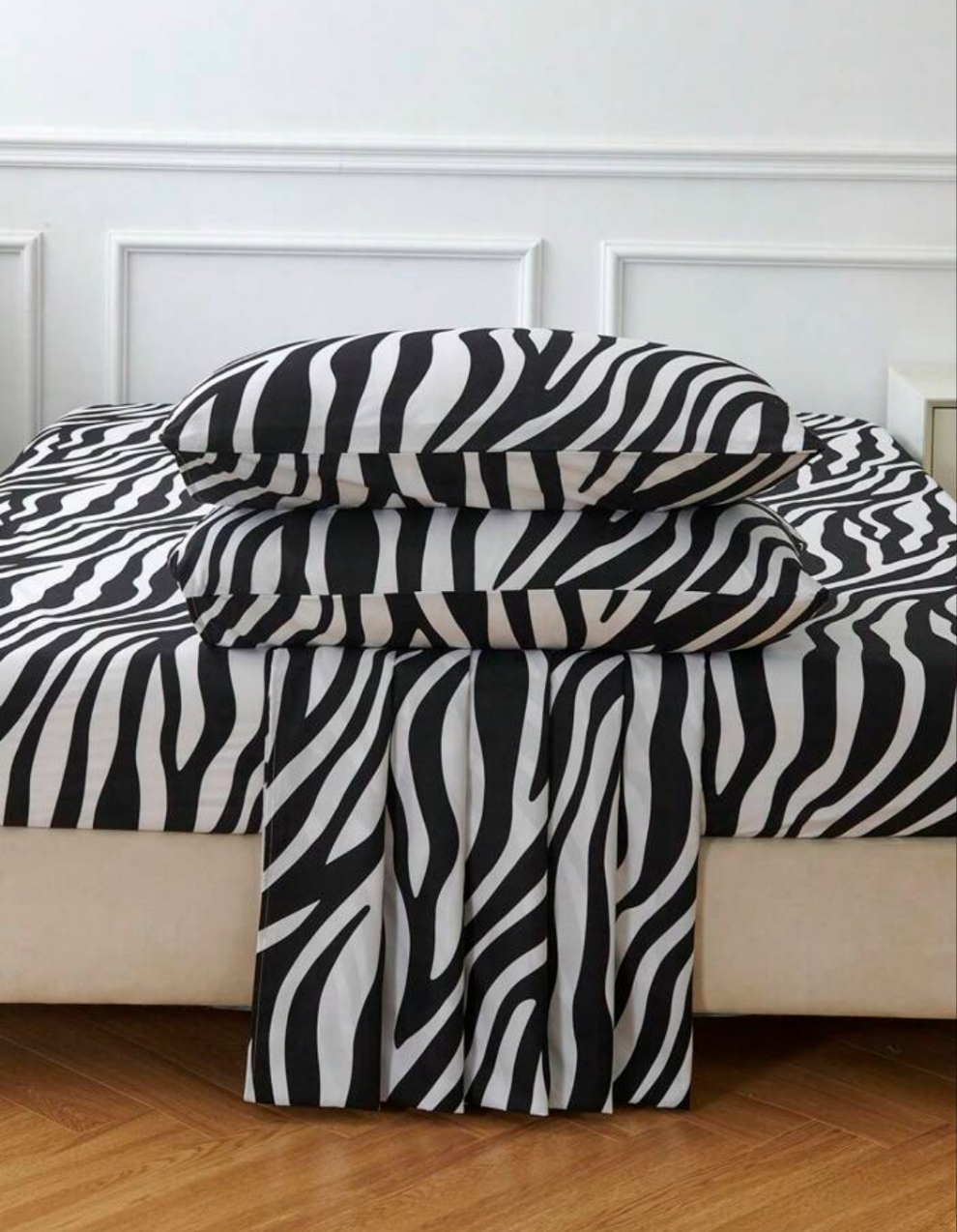 4pcs White Black Zebra Stripe Flower Pattern Sheet Set Easy Care Polyester Microfiber Soft Bedding Set