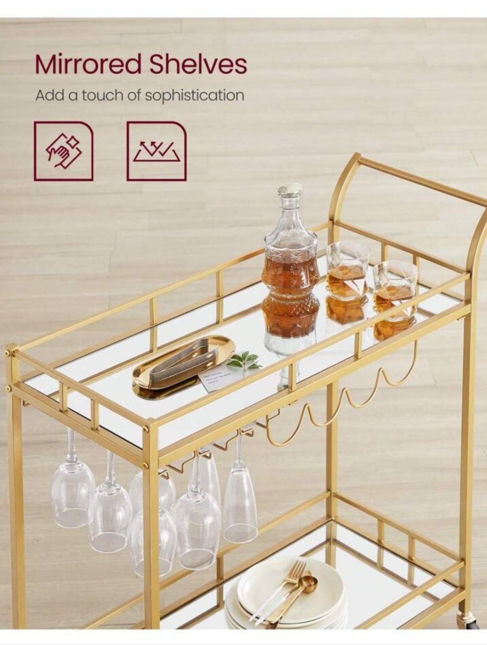 Bar Cart , Home Bar Serving Cart, Wine Cart With 2 Mirrored Shelves, Wine Holders, Glass Holders, For Kitchen, Dining Room stainless steel