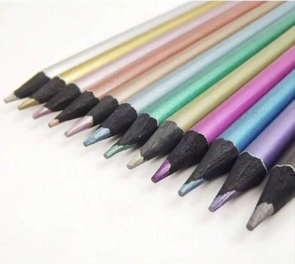 12 Vibrant Metallic Colored Pencils - Unleash Your Creativity with These Art Supplies! Wood