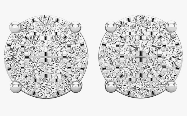 Round White Diamond Ladies Flower Cluster Stud Earrings, 926 Sterling Silver