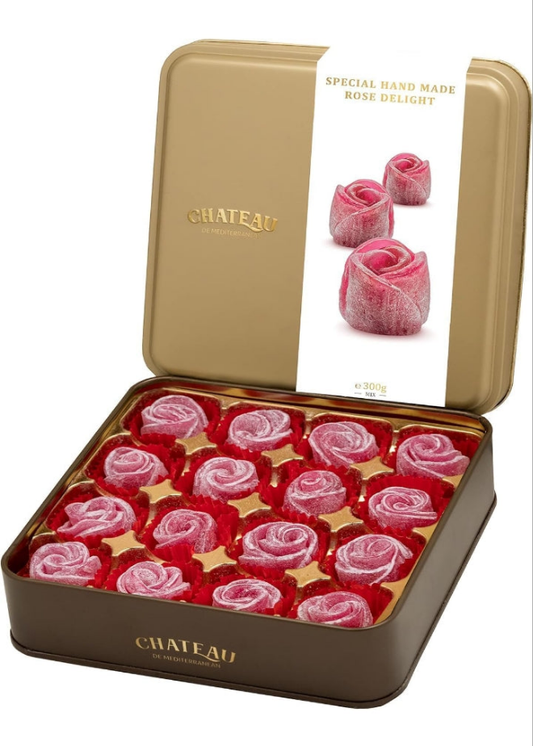 Rose Turkish Delight Candy Lokum, Hand crafted Shaped Flower, Gift Box Tin, 16 pieces, Chateau de Mediterranean