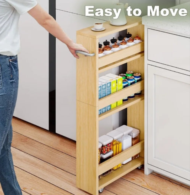 4-Tier Rolling Storage Cart, Narrow Kitchen Cart with Wheels, Slim Storage Cart with Handle Slide Out Utility Cart Mobile Shelving Unit Laundry Bathroom Organizer
