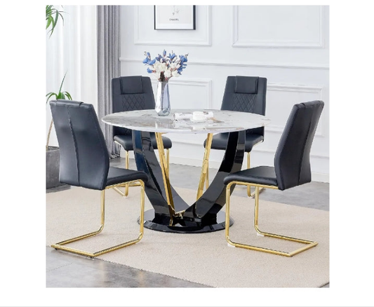 Round Dining Table Set for 4, 48" Dining Room Table with Faux Marble Tabletop and 4 Upholstered Chairs,Modern Round Kitchen Table Chairs Set for Dinning Room, Living Room, Cafe, Restaurant