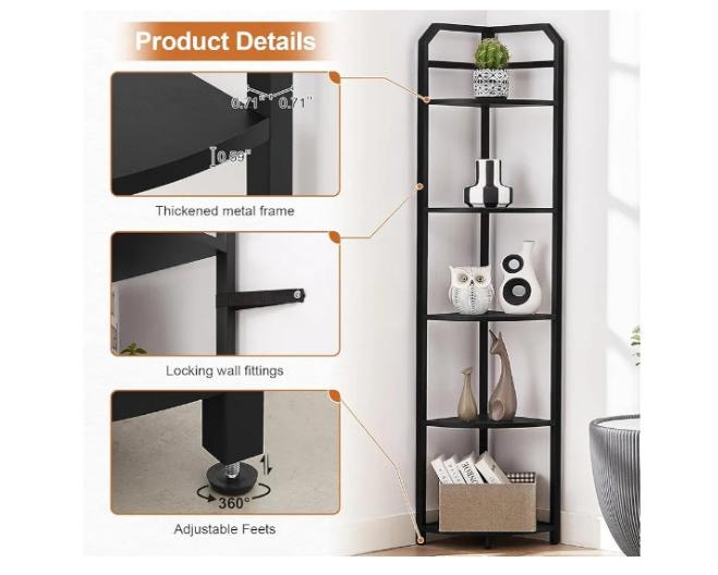 Corner Shelf, 5-Tier Industrial Corner Bookshelf, Freestanding Corner Shelf Stand with Metal Frame, Open Corner Plant Stand for Small Space, Home Office, Living Room, Bedroom,