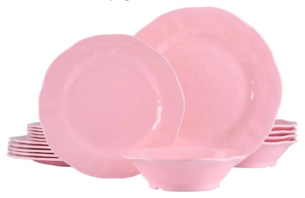 18 Piece Pink Dinnerware Set, Lightweight Kitchen Dining Plates and Bowls Set, Durable Melamine Dishes, Set of 6, Unbreakable RV Camping Dishes, Dishwasher Safe