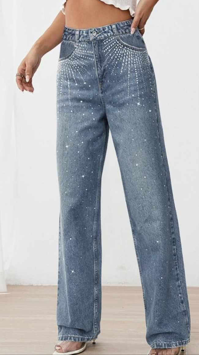 Rhinestone Jeans High Waist Sright Leg Denim Pants Trousers Streetwear