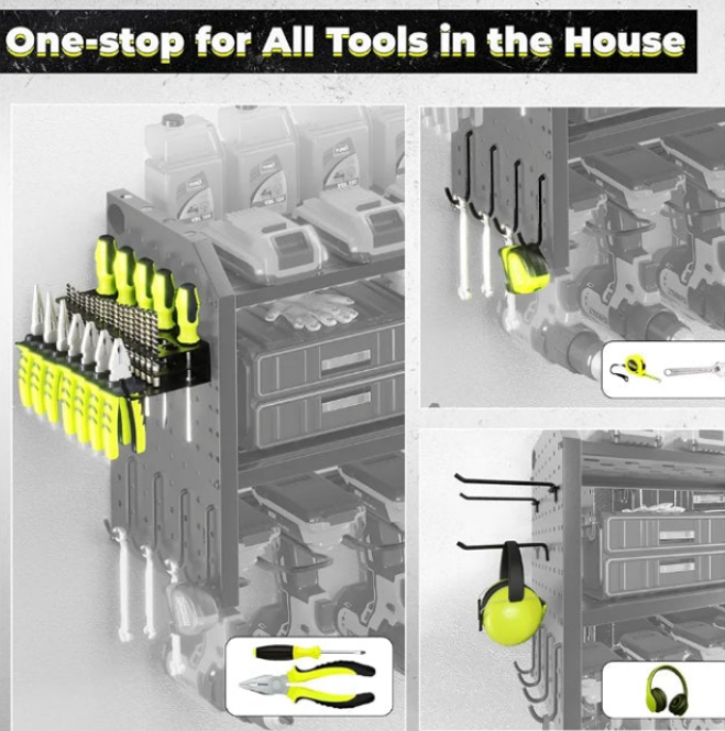 KAFAHOM Power Tool Organizer, Large 8 Drill Holder Wall Mount with 2 Side Pegboards, Heavy Duty Metal Tool Shelf with 12 Hooks, Storage Rack for Garage Organization, Battery Shelves