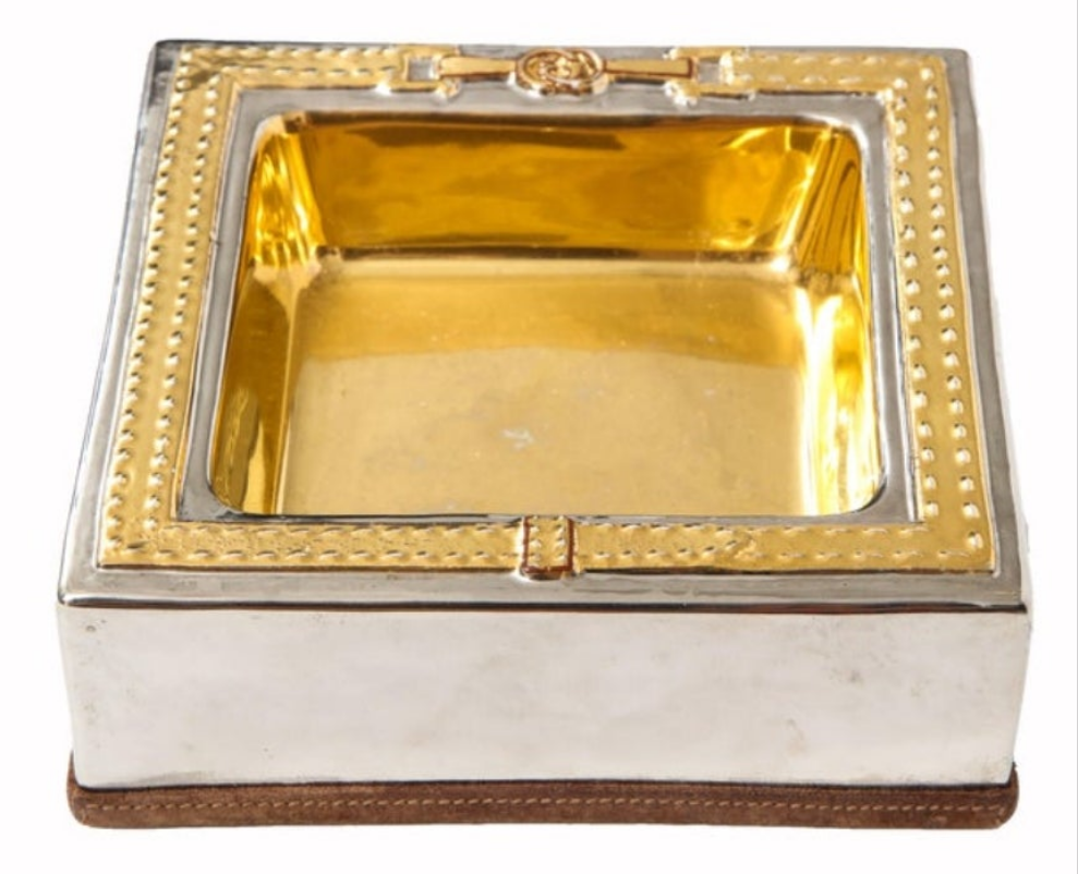 Gucci Horsebit Double Ashtray, Brass, Gold Leaf, Nickel, Leather, Signed