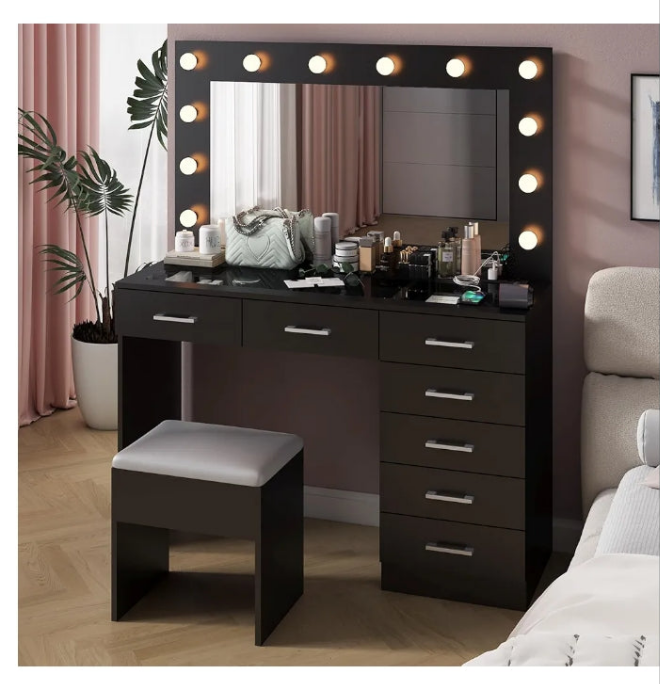Vanity Desk with Large Lighted Mirror & Powre Outlet, Glass Tabletop Makeup Vanity Set with 7 Drawers, 45.3" Vanity Table with 3 Color Lighting Modes,